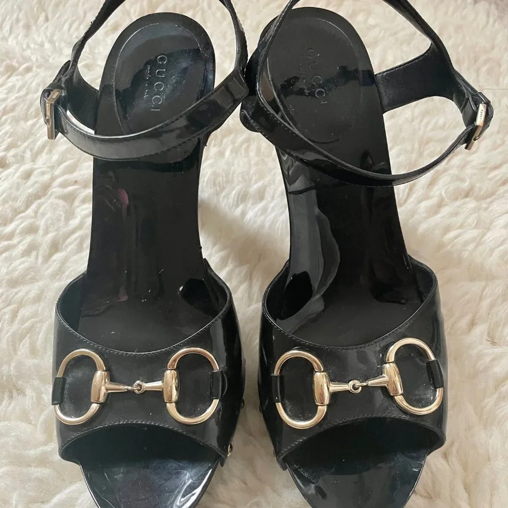 Gucci Sand Pelle Peep Toe S CUOIO Patent Leather Vernice Heels 38 - Picture 4 of 12